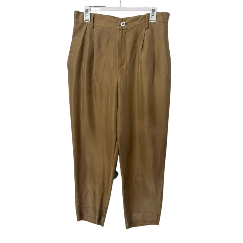 Vince Pleated 100% Silk Crop Trousers Womens Size 10 Gold Pants Zip Fly